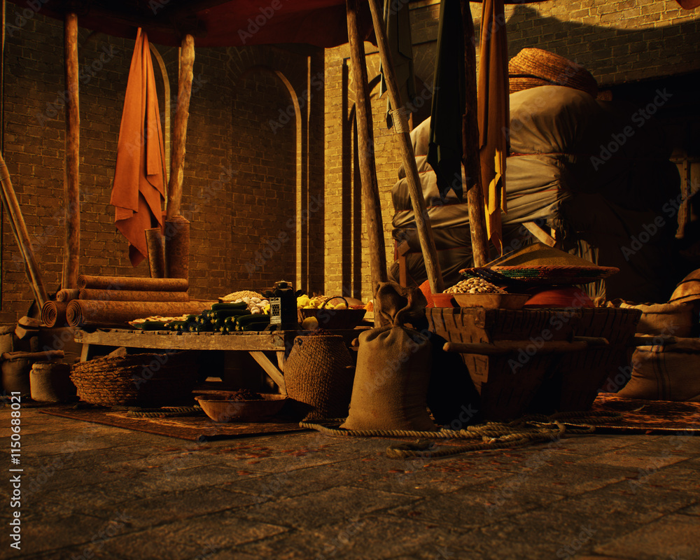 Outdoor marketplace with a variety of products on a traditional historic bazaar. 3D render.