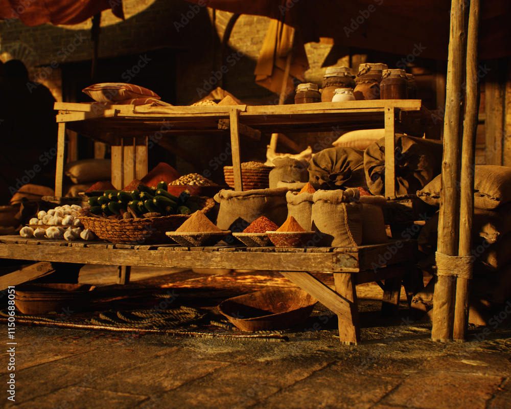 Outdoor marketplace with a variety of products on a traditional historic bazaar. 3D render.