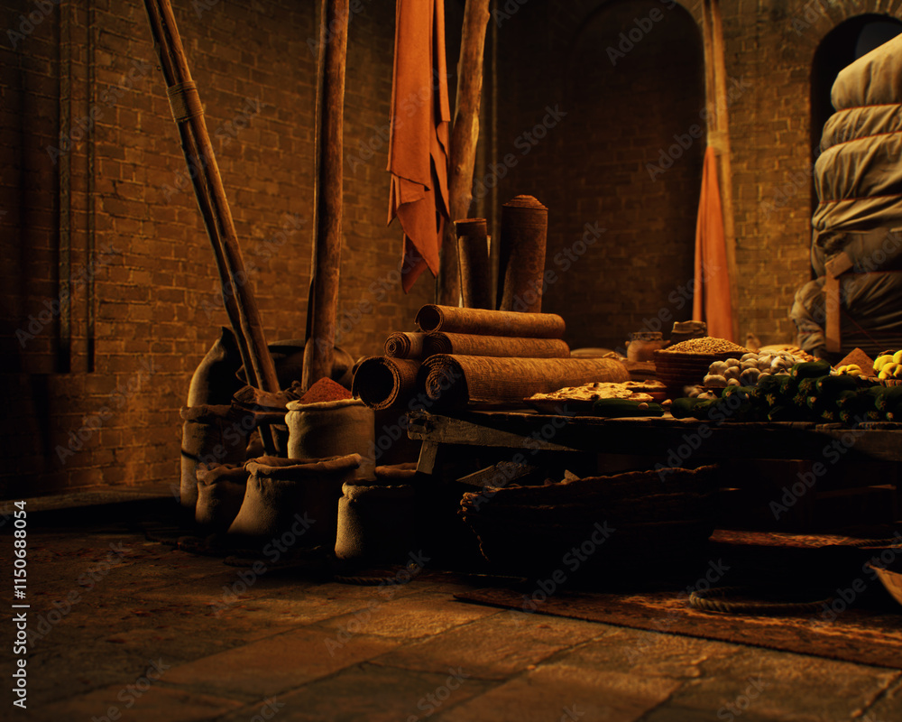 Outdoor marketplace with a variety of products on a traditional historic bazaar. 3D render.