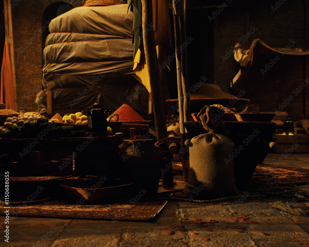 Outdoor marketplace with a variety of products on a traditional historic bazaar. 3D render.