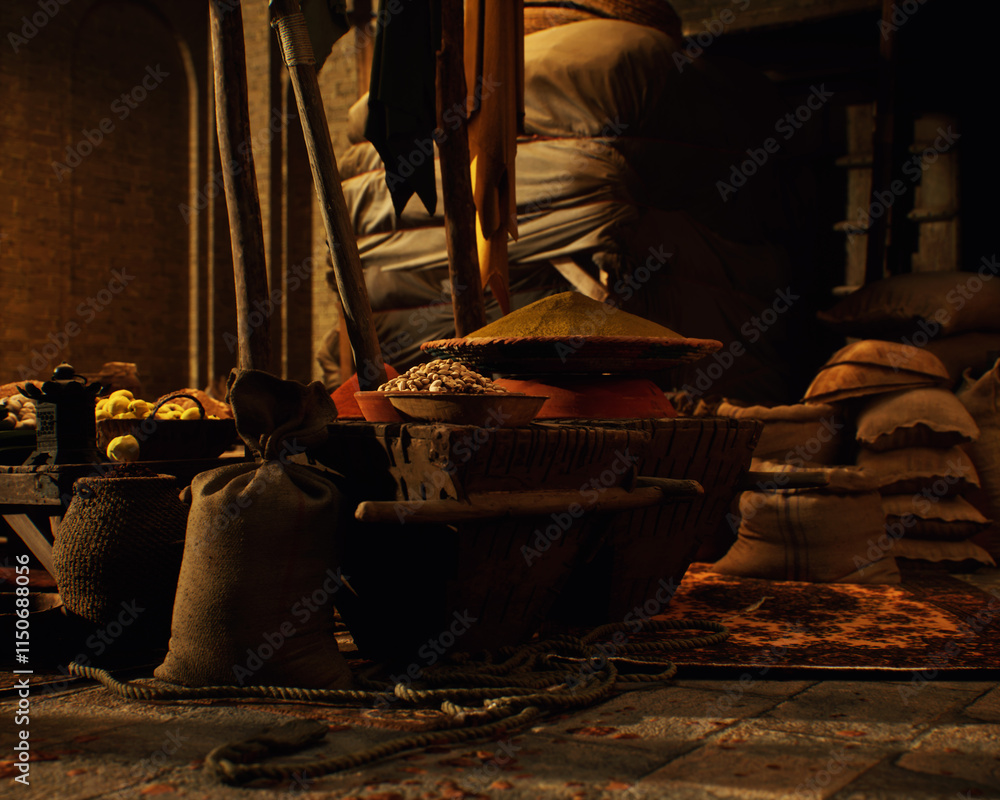 Outdoor marketplace with a variety of products on a traditional historic bazaar. 3D render.