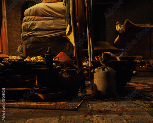 Obraz na płótnie Outdoor marketplace with a variety of products on a traditional historic bazaar. 3D render. w salonie