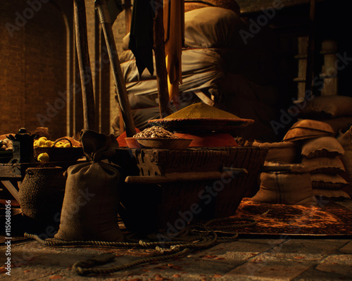 Obraz na płótnie Outdoor marketplace with a variety of products on a traditional historic bazaar. 3D render. w salonie