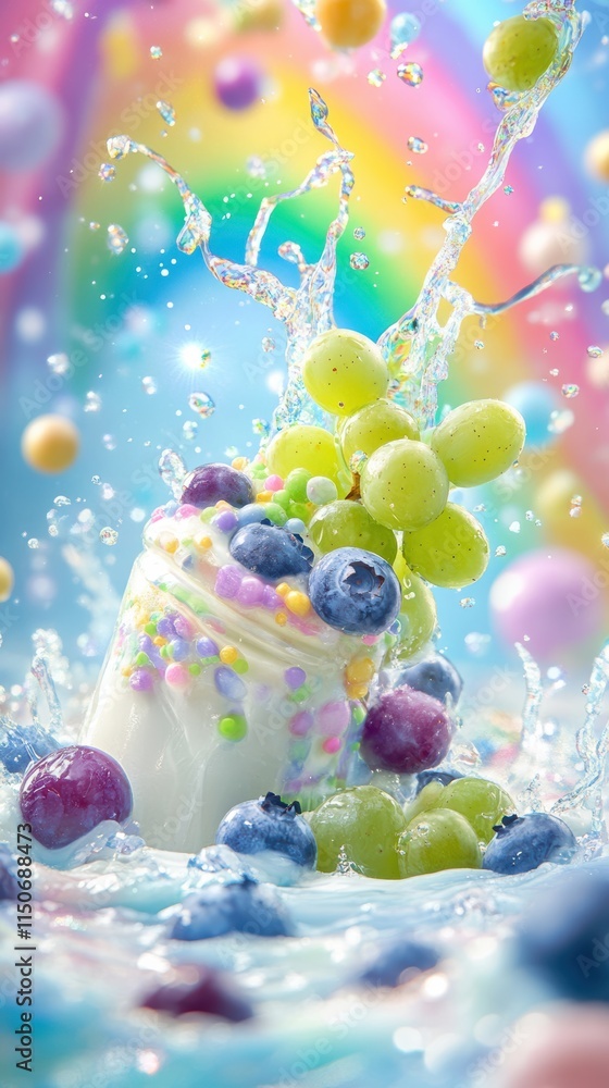 Glossy yogurt bottle with blueberries and grapes in whirlwind Glossy yogurt bottle with blueberries and grapes in whirlwind