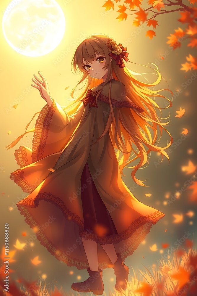 An ethereal anime girl with warm autumn colors, dancing in moonlight, surrounded by a light aura, conveying a mystical earthy and cozy feeling An ethereal anime girl with warm autumn colors, dancing in moonlight, surrounded by a light aura, conveying a mystical earthy and cozy feeling