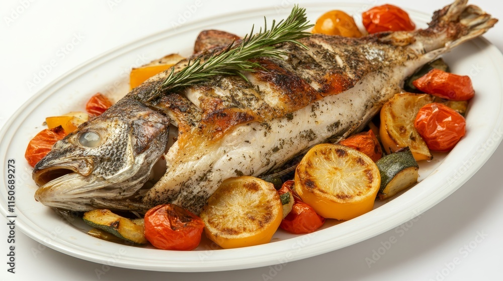 A sumptuous roasted turkey garnished with rosemary, tomatoes, garlic, and lemon, presented on a white plate, waiting to be sliced. A sumptuous roasted turkey garnished with rosemary, tomatoes, garlic, and lemon, presented on a white plate, waiting to be sliced.