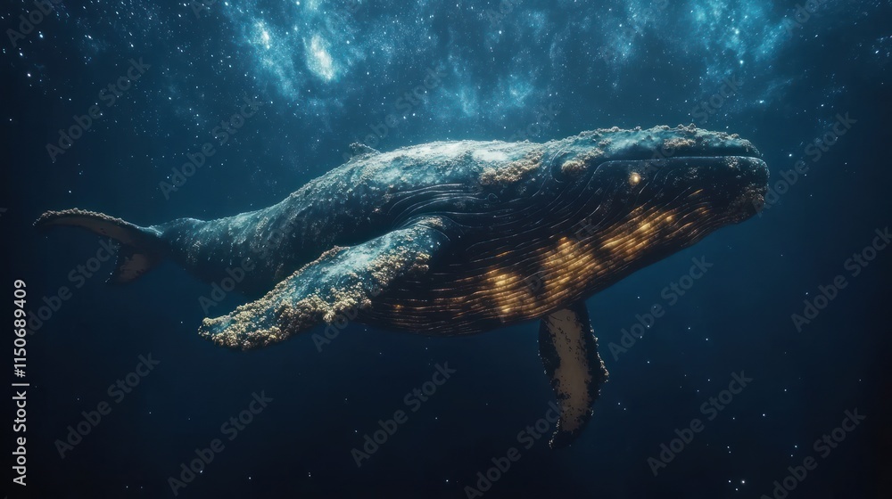 Fototapeta premium A majestic whale glides through the deep ocean, illuminated by shimmering light.