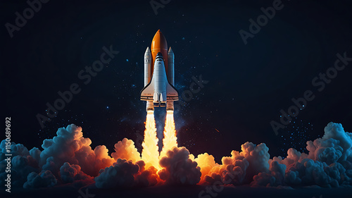 Fototapeta Naklejka Na Ścianę i Meble -  Abstract space shuttle launches into space. Glowing rocket and smoke under it. Digital start-up and success concept. Low poly wireframe 3D vector illustration in technology blue on a dark background.