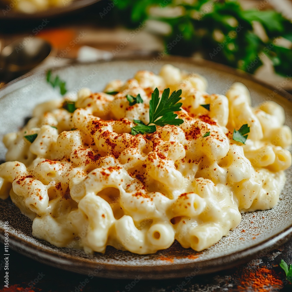 A plate of creamy mac and cheese with a golden, crispy top and a sprinkle of paprika, served on a rustic dish A plate of creamy mac and cheese with a golden, crispy top and a sprinkle of paprika, served on a rustic dish