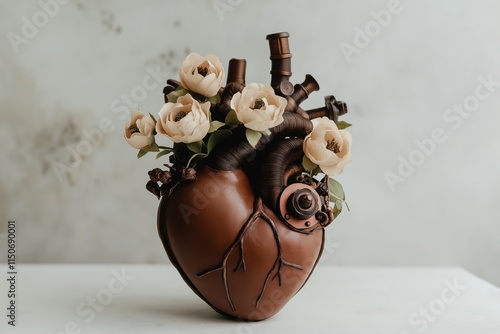 Mechanical heart with blooming flowers - fusion of emotion and technology for artistic decor photo