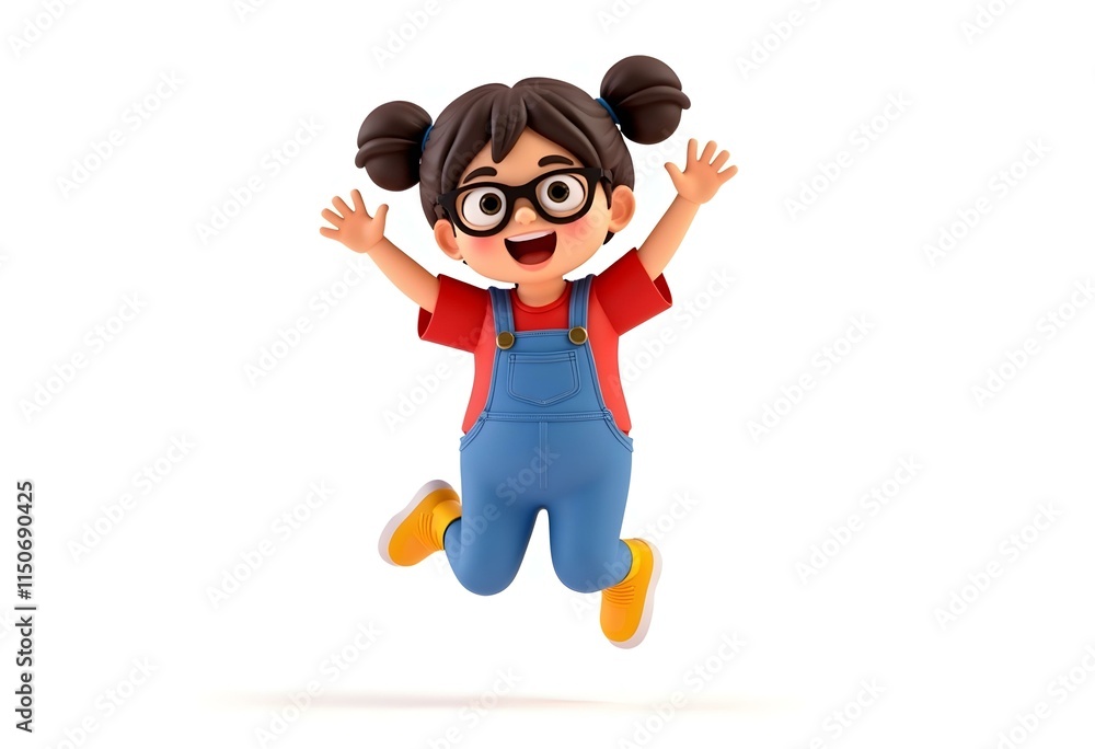 Excited funny smiling сasual asian kawaii active brunette girl wears blue overalls, red t-shirt, yellow sneakers, glasses jumping in air have fun. 3d render in minimal style isolated on white backdrop Excited funny smiling сasual asian kawaii active brunette girl wears blue overalls, red t-shirt, yellow sneakers, glasses jumping in air have fun. 3d render in minimal style isolated on white backdrop