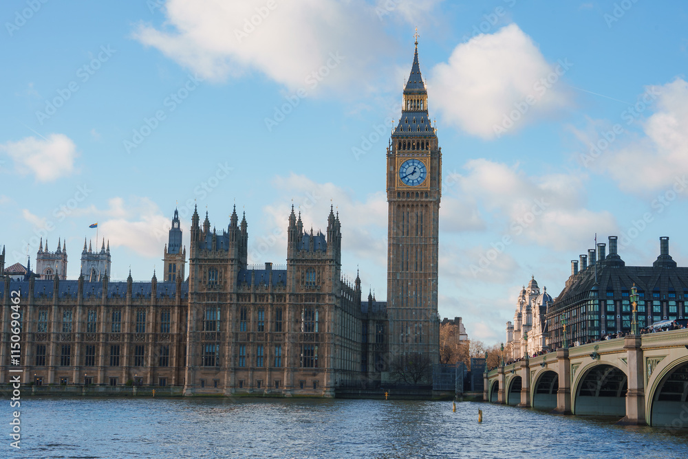View of Big Ben and the Houses of Parliament in London, England, with the River Thames in the foreground and Westminster Bridge on the right. View of Big Ben and the Houses of Parliament in London, England, with the River Thames in the foreground and Westminster Bridge on the right.