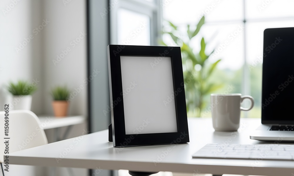 Fototapeta premium Blank Picture Frame on Modern Desk with Laptop and Mug