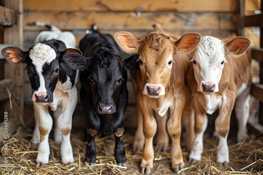 Four calves of different colors are standing in a stall and looking at the camera Four calves of different colors are standing in a stall and looking at the camera