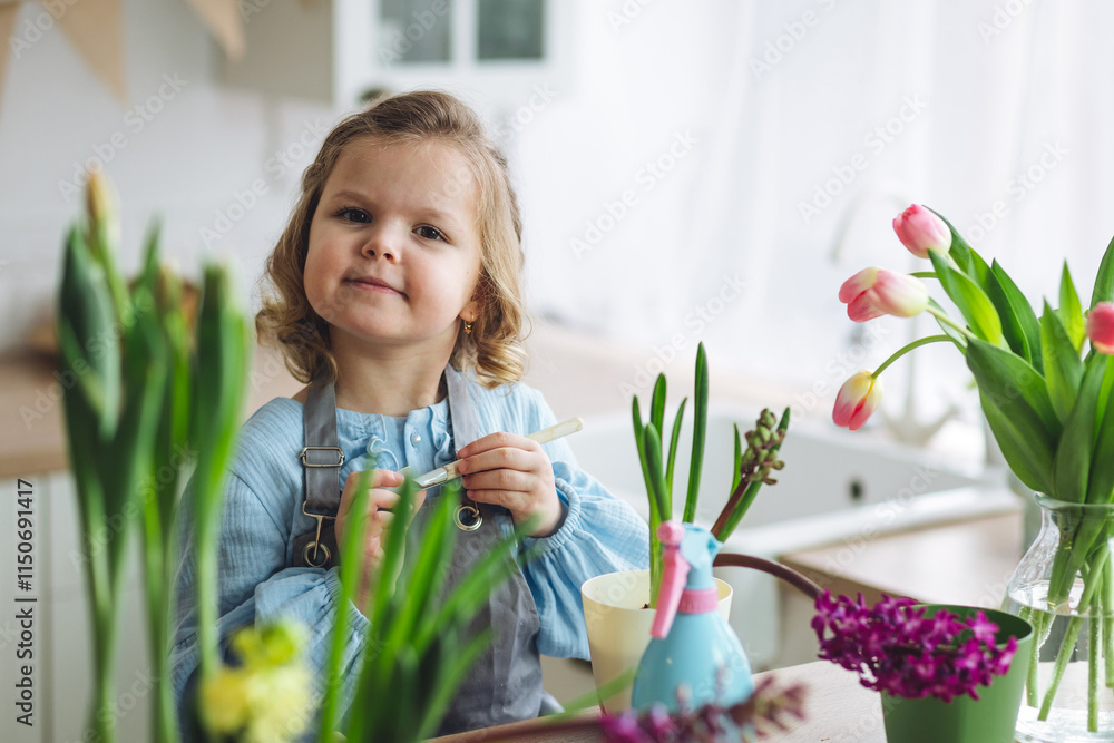 Spring home gardening concept. Little cute girl planting bulb flowers in the kitchen. Eco friendly leisure time, hobby, recreation. Earth day, ecology environmental project for school Spring home gardening concept. Little cute girl planting bulb flowers in the kitchen. Eco friendly leisure time, hobby, recreation. Earth day, ecology environmental project for school