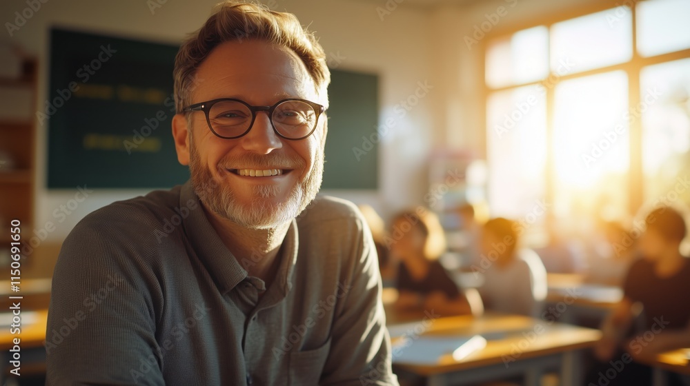 Fototapeta premium Candid school class portrait of a male teacher in a classroom with copyspace