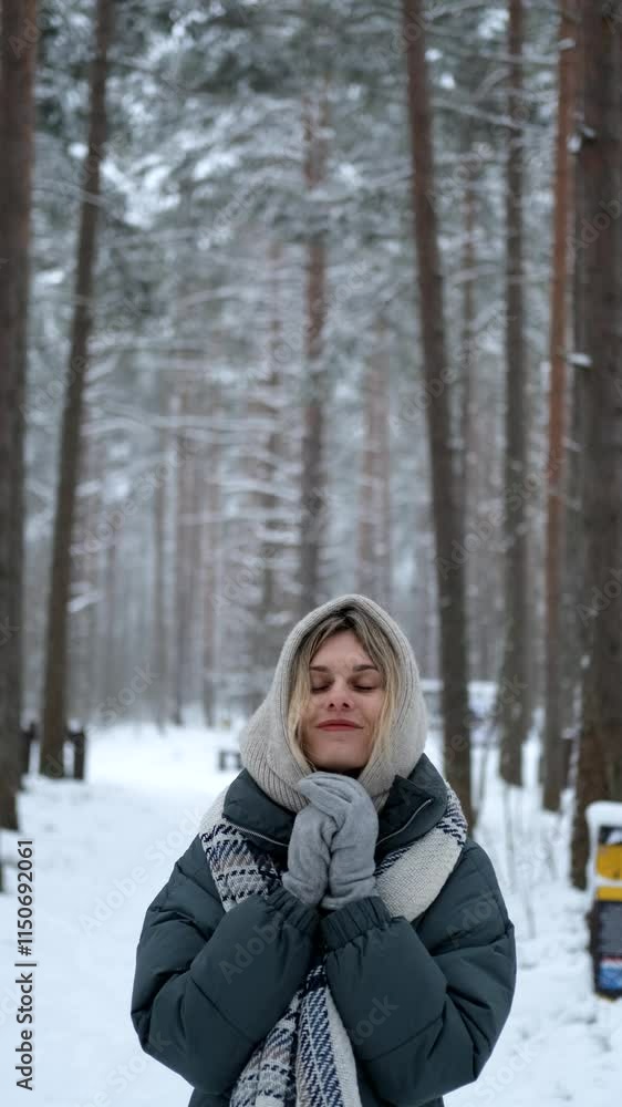 portrait of a charming woman in a winter forest, vertical video portrait of a charming woman in a winter forest, vertical video