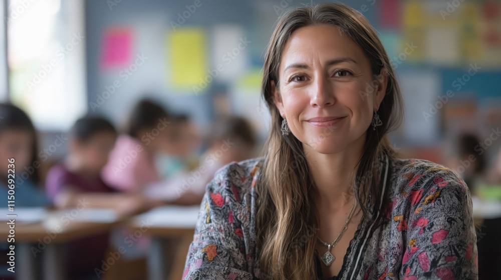 Candid school class portrait of a female teacher in a classroom with copyspace Candid school class portrait of a female teacher in a classroom with copyspace
