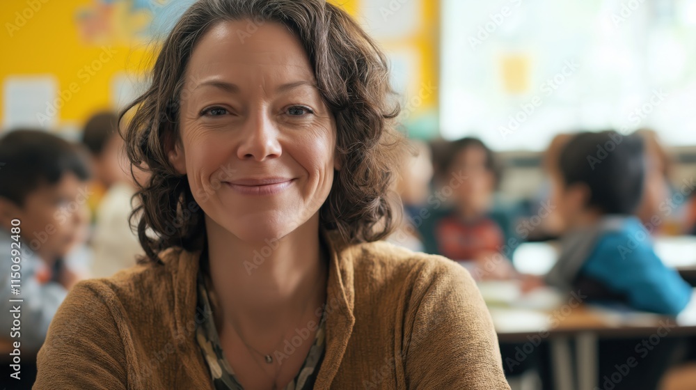 Candid school class portrait of a female teacher in a classroom with copyspace Candid school class portrait of a female teacher in a classroom with copyspace