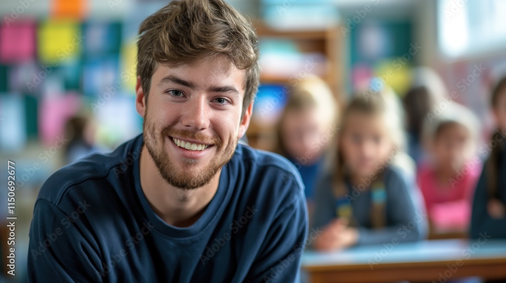Fototapeta premium Candid school class portrait of a male student or young teacher in a classroom with copyspace