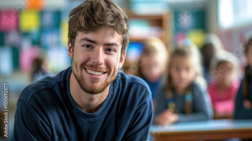 Candid school class portrait of a male student or young teacher in a classroom with copyspace