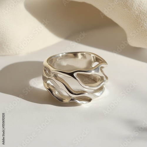 Elegant silver ring with organic design and soft light shadows photo