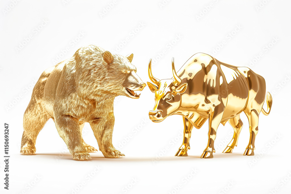 Obraz premium gold bear and a bull are standing next to each other. The bear on the left is larger than the bull on the right, stock market concept