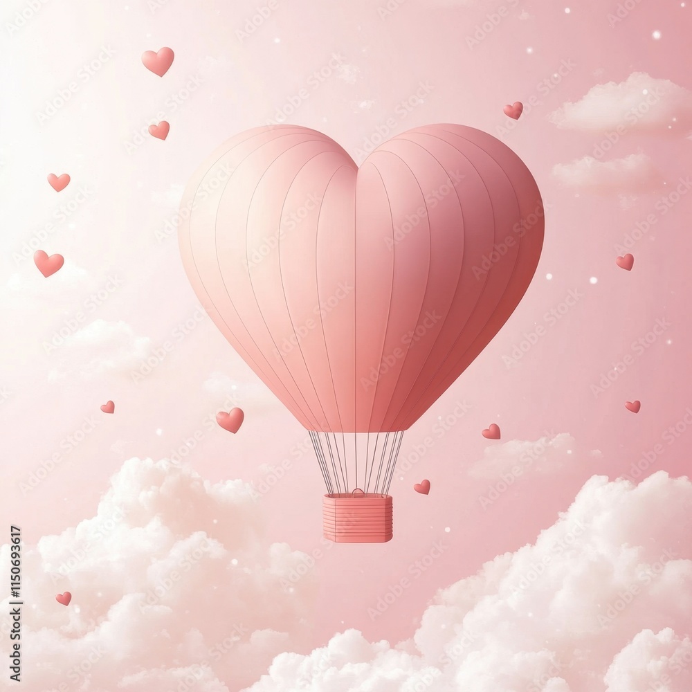Romantic hot air balloon in heart shape with flying hearts and clouds on pink gradient.