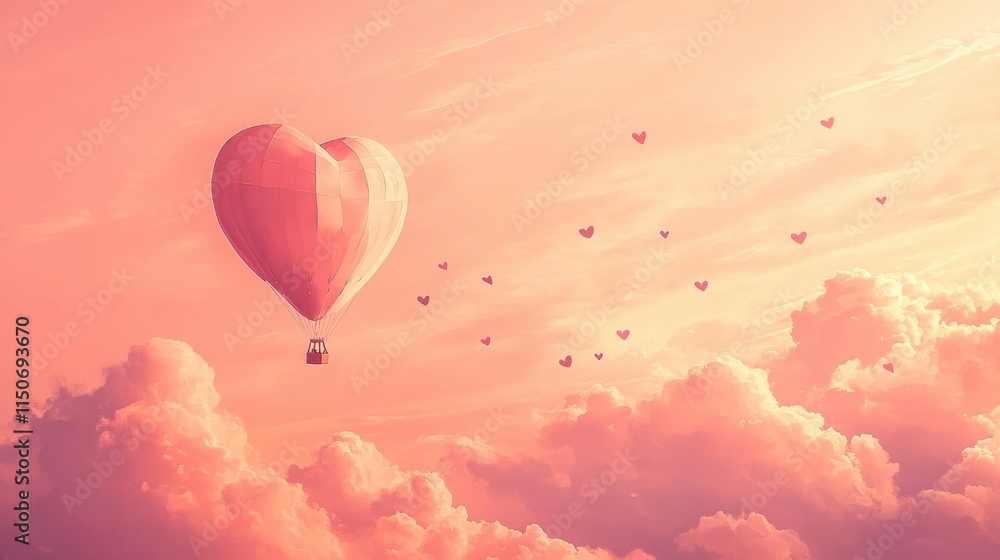 Fototapeta premium Romantic hot air balloon in heart shape with flying hearts and clouds on pink gradient.