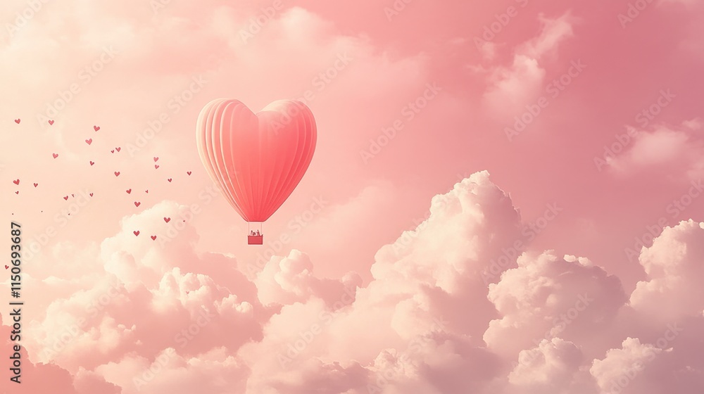 Romantic hot air balloon in heart shape with flying hearts and clouds on pink gradient.