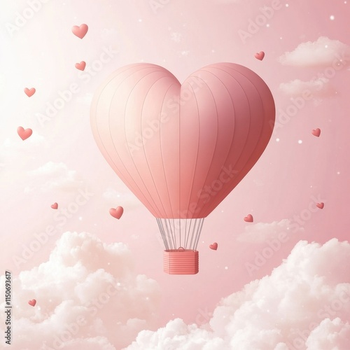 Obraz na płótnie Romantic hot air balloon in heart shape with flying hearts and clouds on pink gradient.
w salonie