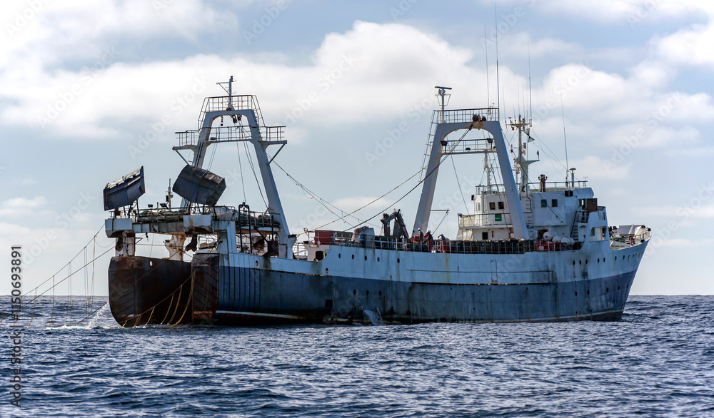 Fishing vessel lifts a trawl tackle off the southern tip of Africa. Fishing vessel lifts a trawl tackle off the southern tip of Africa.