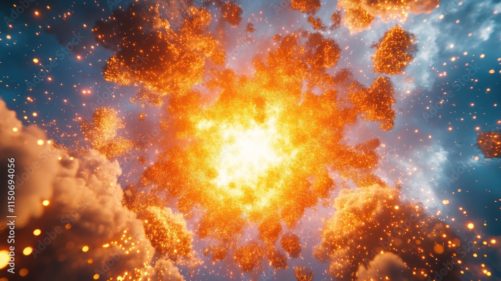 Fiery explosion in dark sky with sparks and clouds. Fiery explosion in dark sky with sparks and clouds.