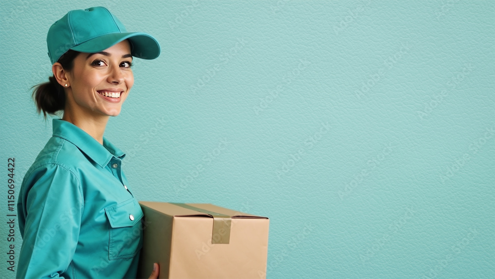 Smiling delivery woman in an aqua uniform and matching cap holding a cardboard parcel against a flat pastel-colored background, symbolizing modern delivery services. Ample copy space. Smiling delivery woman in an aqua uniform and matching cap holding a cardboard parcel against a flat pastel-colored background, symbolizing modern delivery services. Ample copy space.