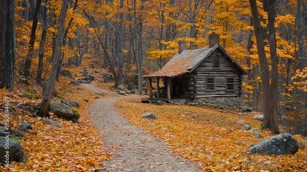 A serene autumn scene featuring a rustic cabin surrounded by vibrant fall foliage. A serene autumn scene featuring a rustic cabin surrounded by vibrant fall foliage.