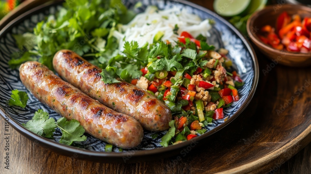 Delicious Grilled Sausages with Fresh Vegetables and Herbs Delicious Grilled Sausages with Fresh Vegetables and Herbs