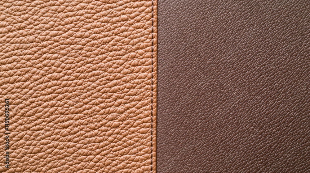 Fototapeta premium Dual-Tone Mocha Leather Background with Seam: Leather Texture with Mocha and Espresso Shades, Mocha Mousse Pantone Color of the Year 2025 Design Background