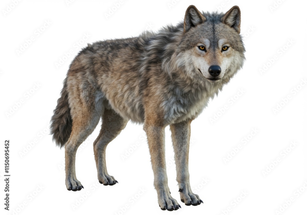 A 3D realistic rendering of a wolf with detailed fur, sharp eyes, and lifelike features
A 3D realistic rendering of a wolf with detailed fur, sharp eyes, and lifelike features