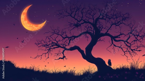 Silhouette of a barren tree at night under a crescent moon. photo