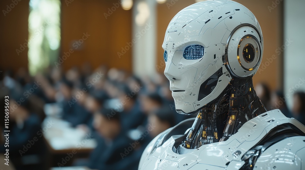 Fototapeta premium Humanoid ai robot instructor in minimalist classroom setting