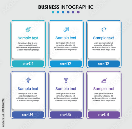 Infographic design business template with 6 options, steps. Can be used for workflow layout, diagram, annual report, web design	
