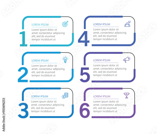 Infographic design business template with 6 options, steps. Can be used for workflow layout, diagram, annual report, web design	
