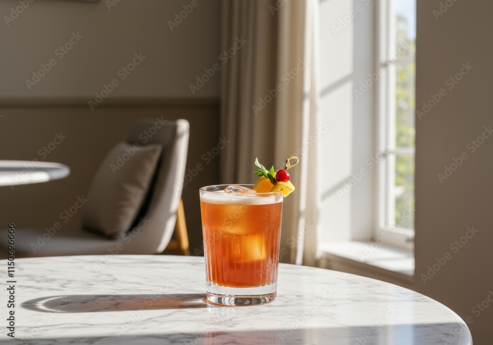 A luxury cocktail placed on a table with vibrant colors and garnishes
A luxury cocktail placed on a table with vibrant colors and garnishes