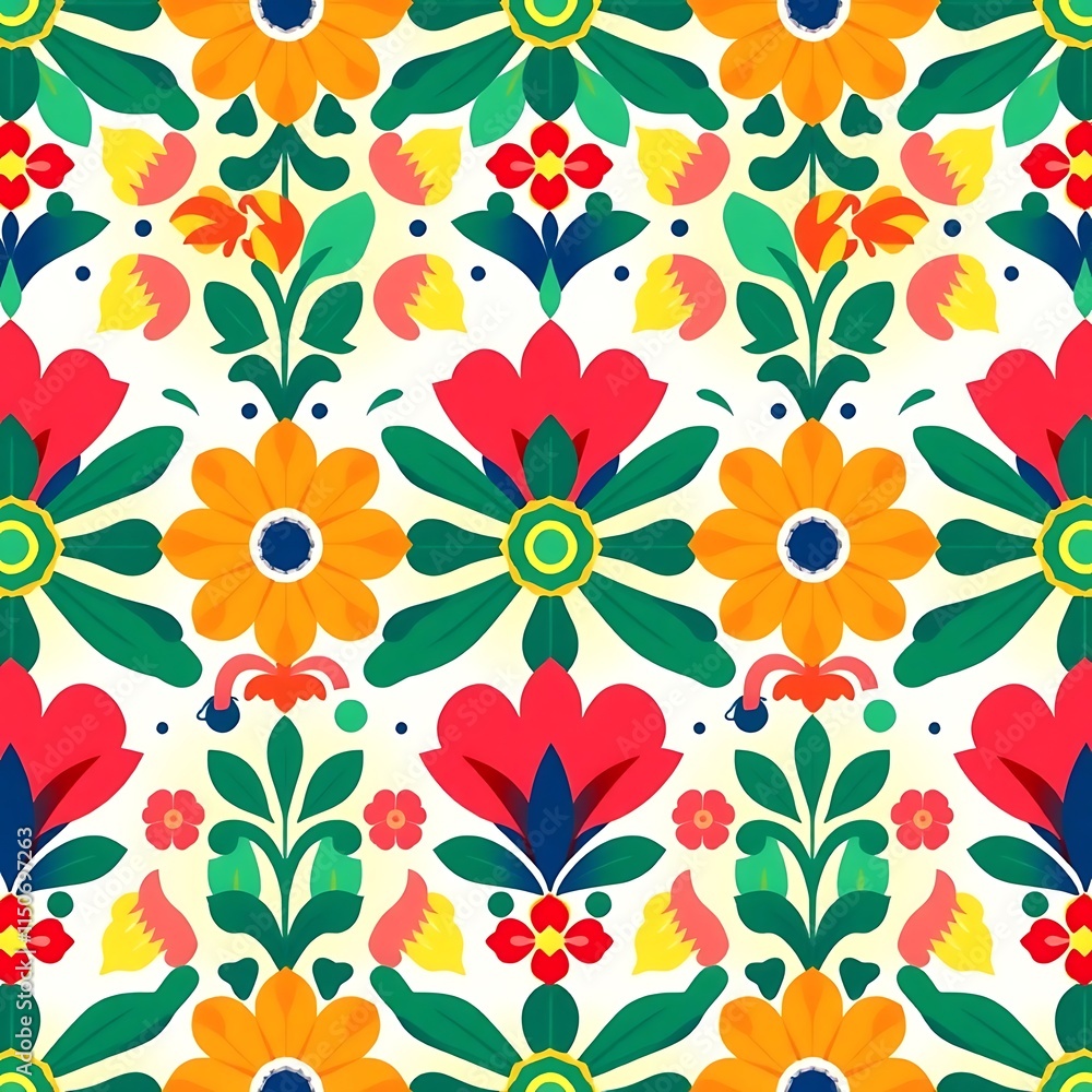 Vibrant Floral Fiesta: A lively, repeating pattern of stylized flowers in bold, joyful colors. Perfect for textiles, home decor, and festive designs. Vibrant Floral Fiesta: A lively, repeating pattern of stylized flowers in bold, joyful colors. Perfect for textiles, home decor, and festive designs.