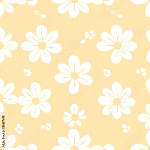 Wallpaper Mural Pastel Daisy Delight: A charming seamless pattern featuring delicate white daisies on a soft yellow background. Perfect for adding a touch of springtime elegance to your designs.  Torontodigital.ca