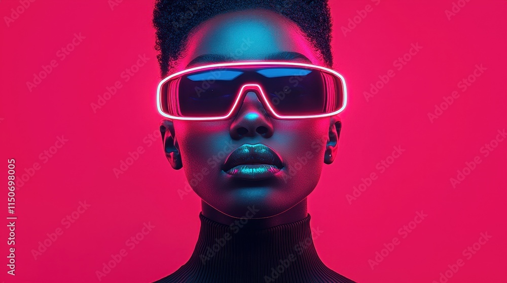 A striking portrait of a person wearing futuristic sunglasses against a vibrant pink background, showcasing bold colors and modern fashion.