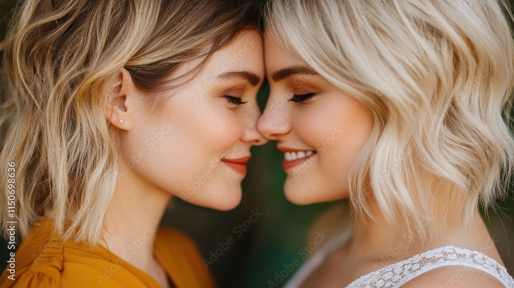 Two women share a tender moment, their foreheads touching, exuding warmth and connection in a soft, natural setting. Two women share a tender moment, their foreheads touching, exuding warmth and connection in a soft, natural setting.
