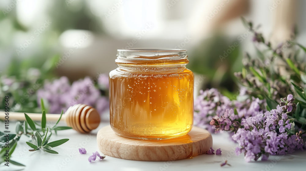 Fragrant honey with a wooden dipper and spring flowers Fragrant honey with a wooden dipper and spring flowers