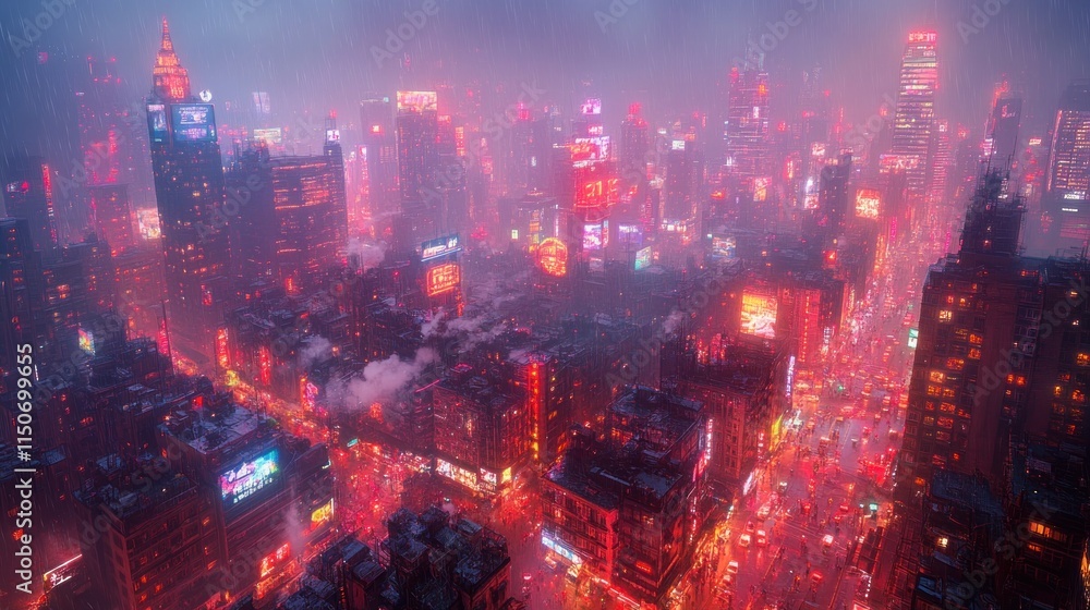 Obraz premium A vibrant, neon-lit cityscape under rain, showcasing urban life and atmosphere.