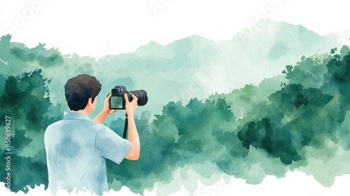 A man captures a scenic landscape with a camera, surrounded by lush greenery and mountains in a watercolor style.